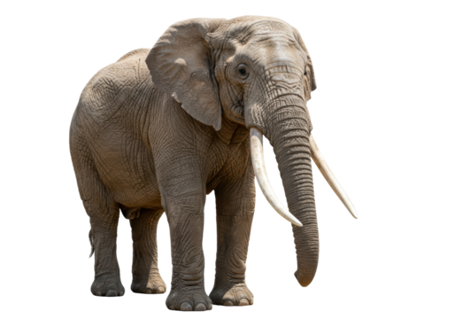 Isolated African elephant stands, facing right, detailed skin texture is visible in full