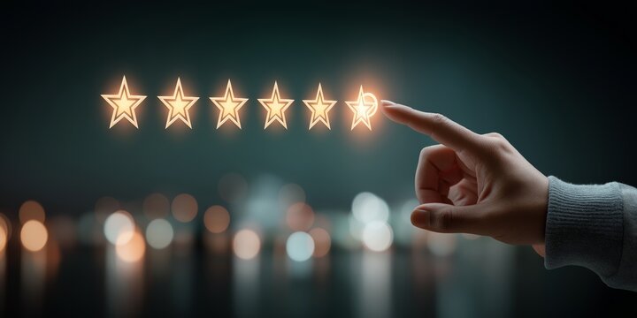 feedback satisfaction ratings concept. Hand pointing at glowing star ratings in a dark setting.