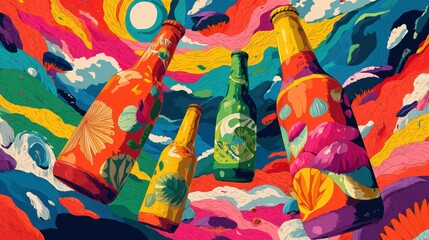 Obraz premium Non-alcoholic beverages made from functional mushrooms and cannabis, illustration