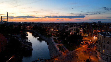 old European city city center view from above evening night illumination Wroclaw Poland