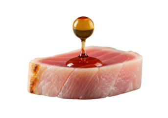 Glistening golden-brown ponzu sauce drop absorbed by seared albacore tuna, macro close-up in minimalist studio, creamy soft bokeh, high-key studio lighting, concept of culinary artistry