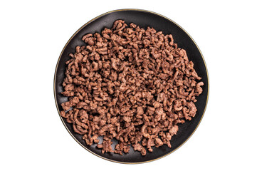 Fried mincemeat, cooked forcemeat in a plate isolated on white background