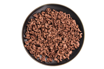 Fried mincemeat, cooked forcemeat in a plate isolated on white background