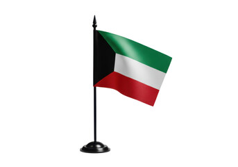 Small Kuwaiti flag on a stand waving gently in a bright neutral background isolated on white background
