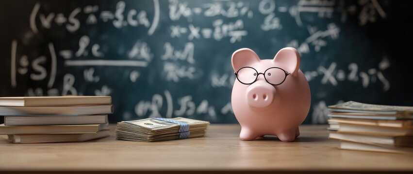 piggy bank with a books and dollar bills on a table near a chalkboard with math equations in a classroom - Powered by Adobe