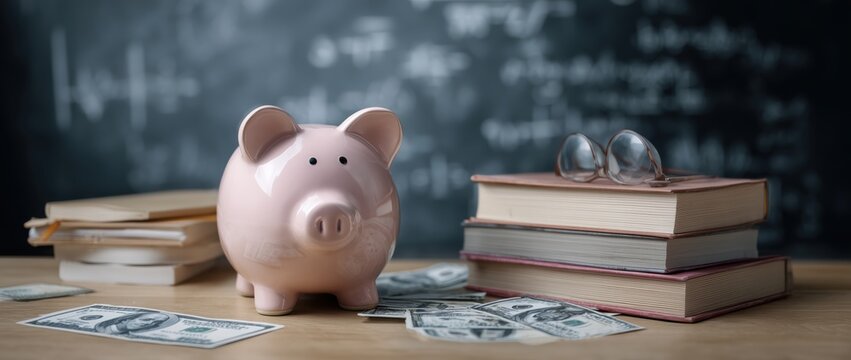 piggy bank with a books and dollar bills on a table near a chalkboard with math equations in a classroom