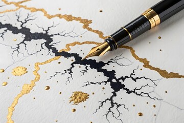 Abstract Ink Art: Black and Gold Flow on White