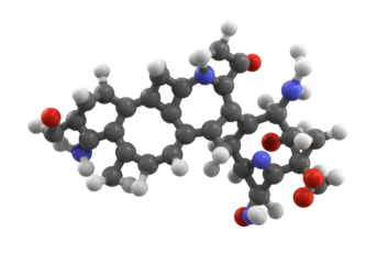 Isolated ball-and-stick model of a molecule with carbon, hydrogen, oxygen, nitrogen atoms