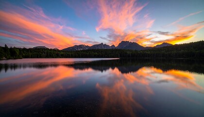 Fototapeta premium Serene lake reflecting a vibrant sunset, with mountains silhouetted against a fiery sky