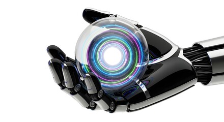 Cyborg palm holding AI energy core orb with neon concentric rings, pure white background.
