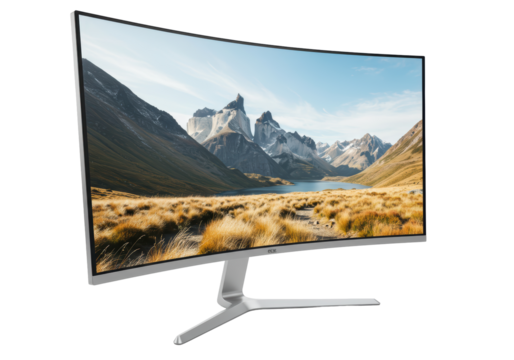 Isolated curved monitor presents a serene landscape of towering mountain peaks, lake view