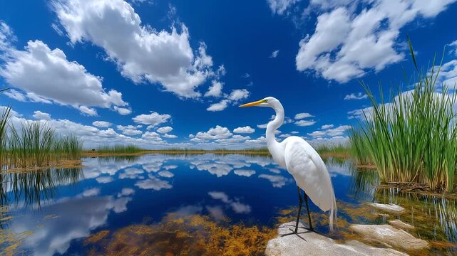 1 A retiree photographs wildlife in a wetlands reserve with egrets wading reeds swaying and a tripod set up rendered in a crisp photo with feather details water ripples and nat