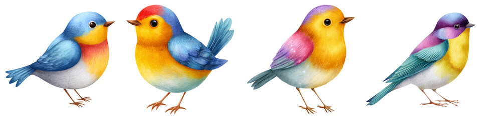 Singles day watercolor clipart, Colorful birds in various poses showcase vibrant plumage and distinct features.