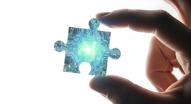 Human hand holding AI glowing puzzle piece symbolizing innovation, white background.