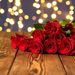 Romantic red roses on rustic wood