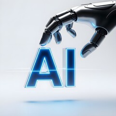 Robotic fingers lifting AI text with laser-like edge lighting, white background.
