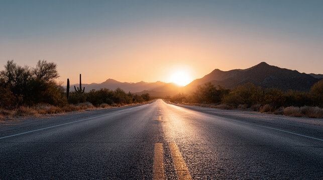 A sunlit desert road leading to mountains evokes adventure, travel, or a journey. The warm glow suggests opportunity, hope, and new beginnings. Ideal for travel blogs or ads.