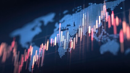 Global financial data, overlaid with world map, showing stock market trends