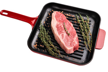Fresh strip loin beef steak, striploin steak on a grill pan isolated on white background
