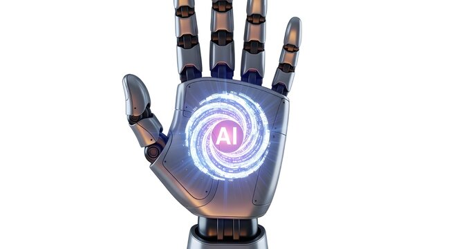 Robotic palm displaying spiral-shaped AI emblem with radiant glow, isolated on white.
