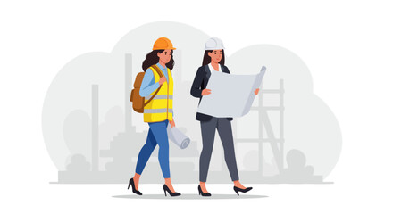 Female construction workers reviewing blueprints at construction site.