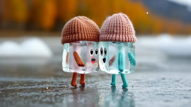 Playful ice cube characters wearing knitted hats are joyfully interacting on a frozen surface, showcasing a delightful moment of friendship and warmth in a whimsical winter landscape