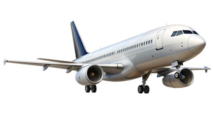 White passenger jet airplane with blue tail fin isolated on a transparent background
