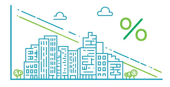 City skyline with declining percentage lines