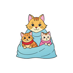 Heartwarming illustration of a mother cat and two kittens cuddling together in a cozy blanket