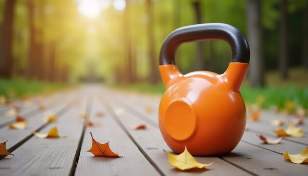 Bright orange kettlebell on wooden path with autumn leaves. Outdoor fitness and wellness content for thanksgiving holiday campaigns. Motivation for active autumn lifestyle