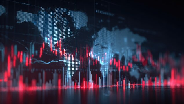 Global stock market data visualization with fluctuating red and white charts overlaying a world map