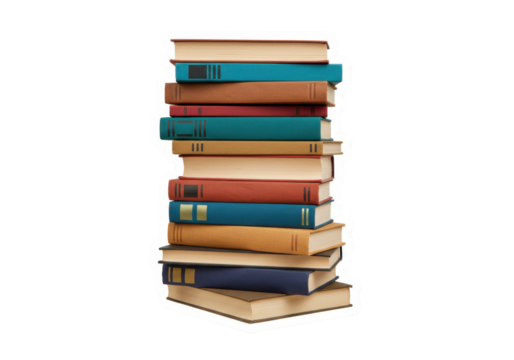 A vibrant stack of colorful books arranged neatly showcasing various sizes and textures isolated on white background