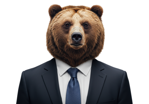 Isolated Portrait of a brown bear in a business suit and tie for unusual concept usage