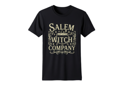 Black t-shirt featuring vintage-style text design about witches in Salem isolated on white background