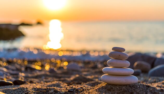 Stacked stones on sandy beach at sunset, ocean blurred