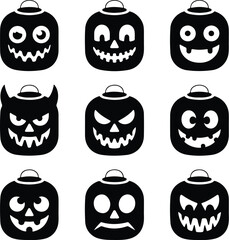 Halloween Lantern Face Silhouette Icon Set – Spooky Designs Jack-o’-Lantern Face Vector Collection – Scary Halloween Icons