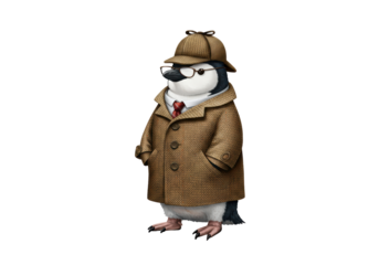 Isolated penguin detective wearing tweed suit, glasses, looking for clues and solving mysteries