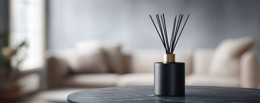 Elegant aroma diffuser with reed sticks on a marble table. Minimalist aesthetic. Use for home decor, lifestyle, aromatherapy, or relaxation concepts. Interior design.