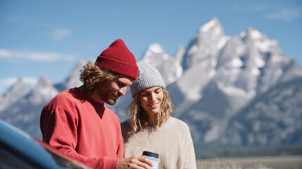 Adventurous couple exploring nature, checking a map or guide with scenic mountain view. Represents connection, travel, and outdoor lifestyle.