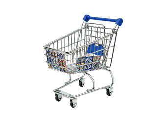 Isolated miniature shopping cart with decorated panels, a toy novelty for collection