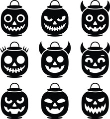 Fototapeta premium Halloween Lantern Face Silhouette Icon Set – Spooky Designs Jack-o’-Lantern Face Vector Collection – Scary Halloween Icons
