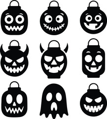 Halloween Lantern Face Silhouette Icon Set – Spooky Designs Jack-o’-Lantern Face Vector Collection – Scary Halloween Icons