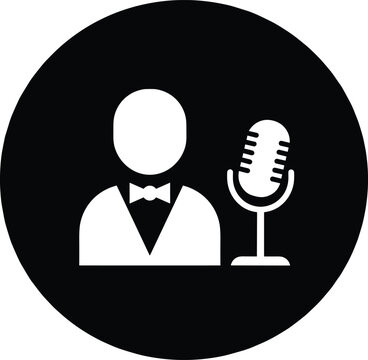 recommend clip art: Microphone and speaker silhouette icon, announcer illustration, podcast host symbol, music broadcasting design, audio entertainment logo, voice recording concept