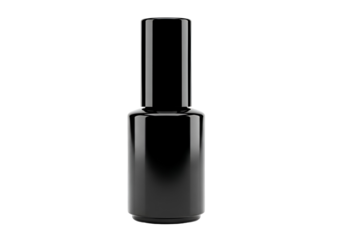 A glossy, black nail polish bottle stands out against a dark background, showcasing a sophisticated and elegant design.