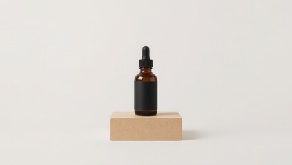 A brown glass dropper bottle with a black label sits atop a neutral-toned platform against a bright white background.