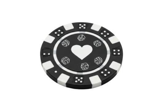 Isolated gambling chip features a heart and dice patterns, a poker chip for casino action