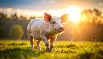Fototapeta premium Pink piglet walking towards sunset in a grassy field