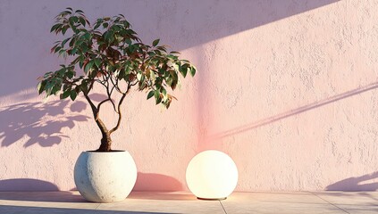 Minimalist room, plant, and orb lamp