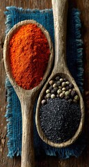 Two wooden spoons hold vibrant red paprika and dark peppercorns/seeds on a rustic blue fabric