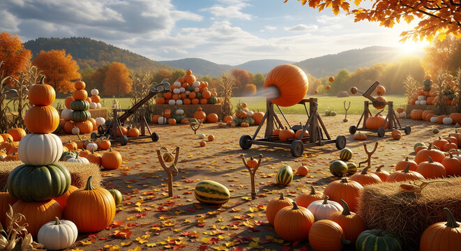 A whimsical autumn festival features catapults and slingshots launching pumpkins across a field decorated with hay bales and colorful fall foliage.